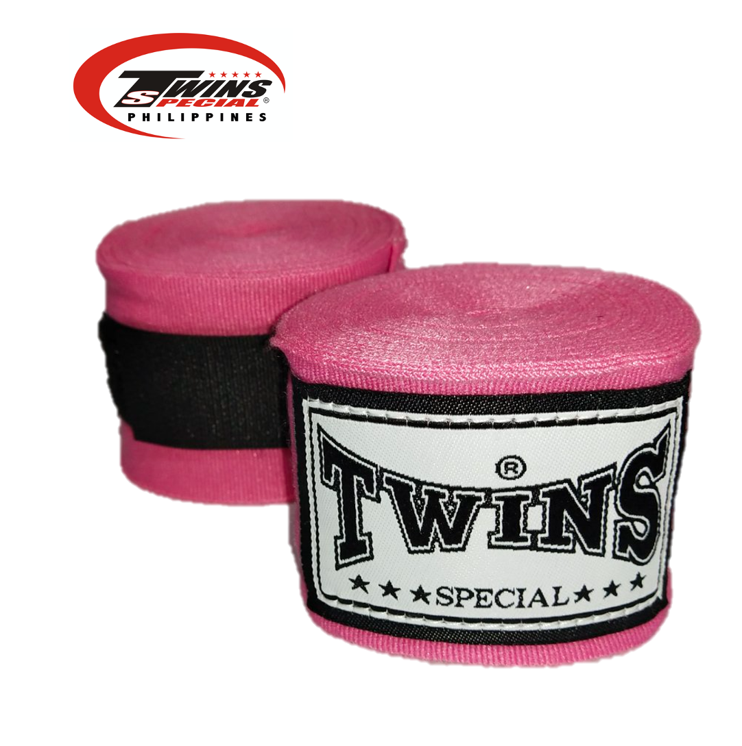 Twins Quick Hand Wraps – Ppink wraps with knuckle padding and reinforced wrist support.