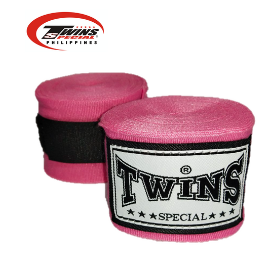 Twins Quick Hand Wraps – Ppink wraps with knuckle padding and reinforced wrist support.