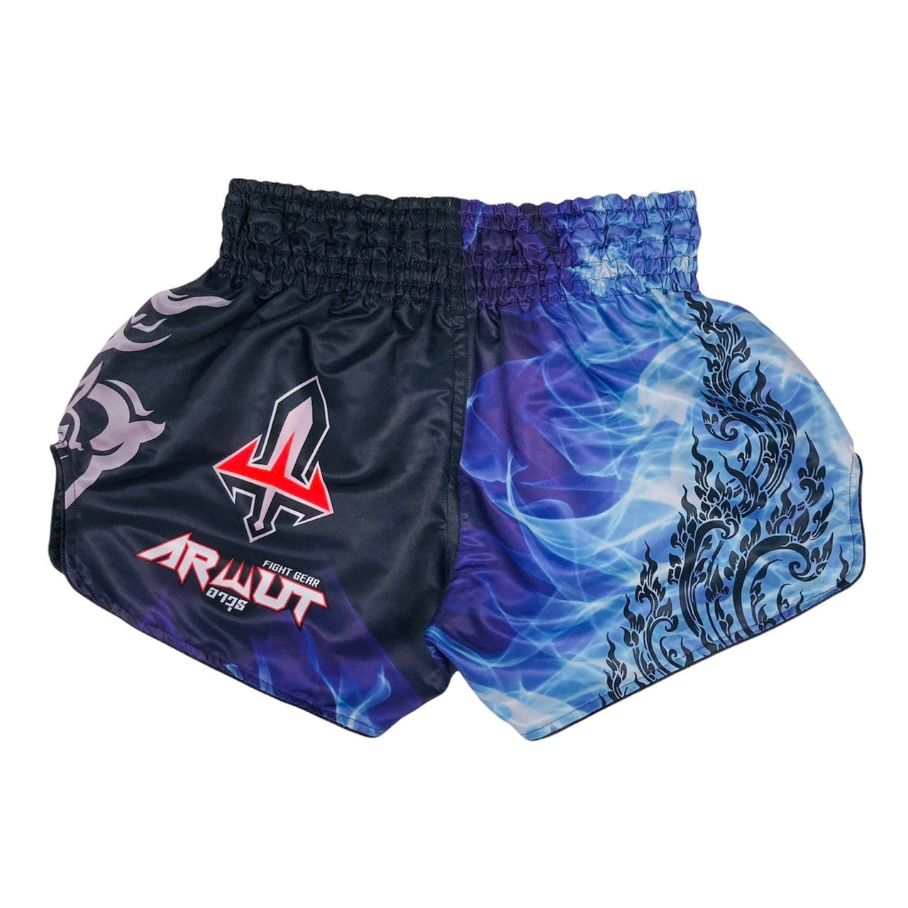 Back view of ARWUT Yaksha Muay Thai Shorts – premium satin fabric and Thai craftsmanship
