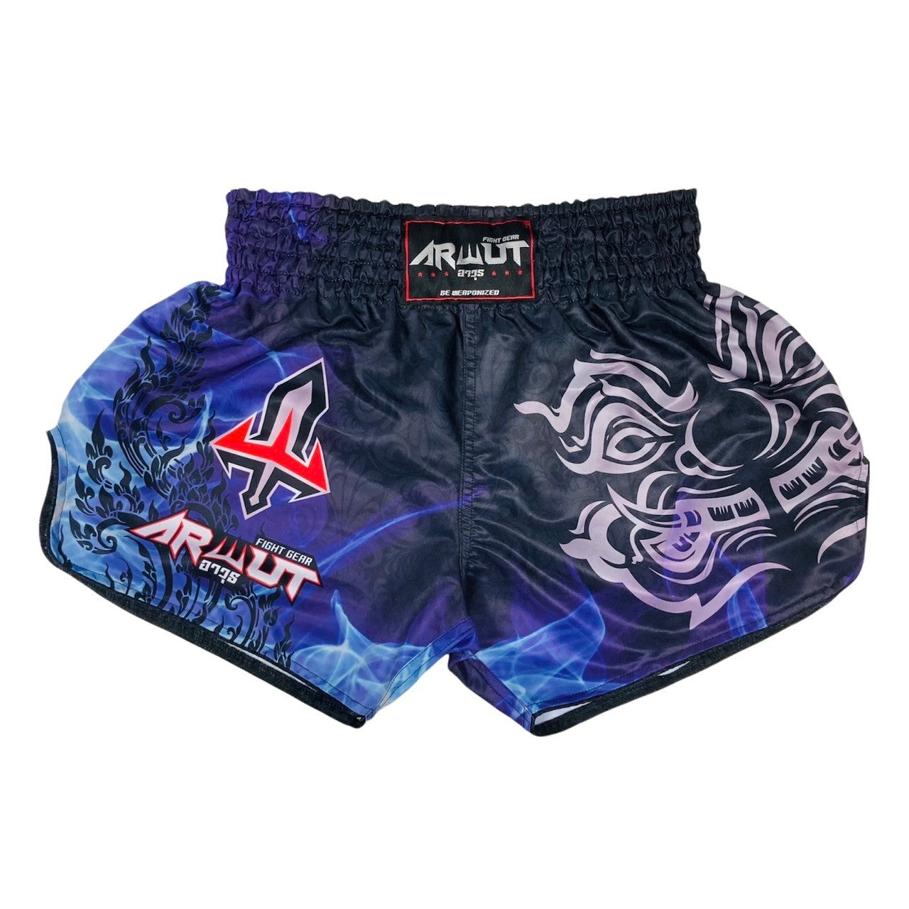 ARWUT Yaksha Muay Thai Shorts – front view with guardian warrior design