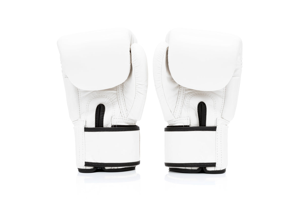 Fairtex BGV1 white boxing gloves close-up – genuine leather
