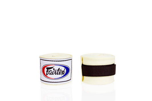 Fairtex HW2 Elasticised Hand Wraps – cream cotton blend wraps for wrist and knuckle support in Muay Thai and boxing.