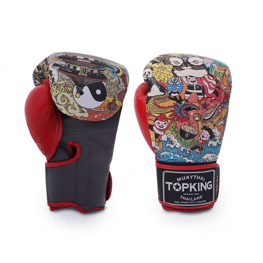 Top King Boxing Gloves – Chinese Culture Edition with red and gold artwork, Velcro wrist strap, and Thai leather construction.