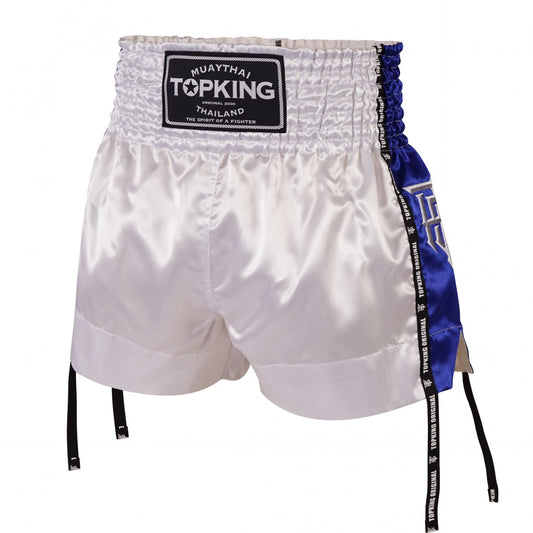 Top King Thai Boxing Shorts Blue 201 – satin Muay Thai shorts with wide leg cut and elastic waistband in vibrant blue.