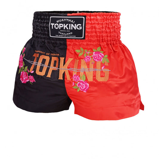 Top King Muay Thai Shorts TKTBS-203 – red and black satin shorts with wide leg cut and elastic waistband.