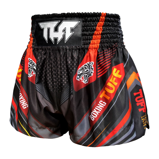 TUFF Black Double Tiger Muay Thai Shorts – front view with twin tiger design and retro cut