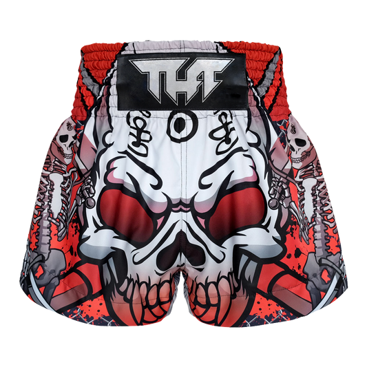 TUFF Black Devil Skull Muay Thai Shorts – front view with bold skull design and retro cut
