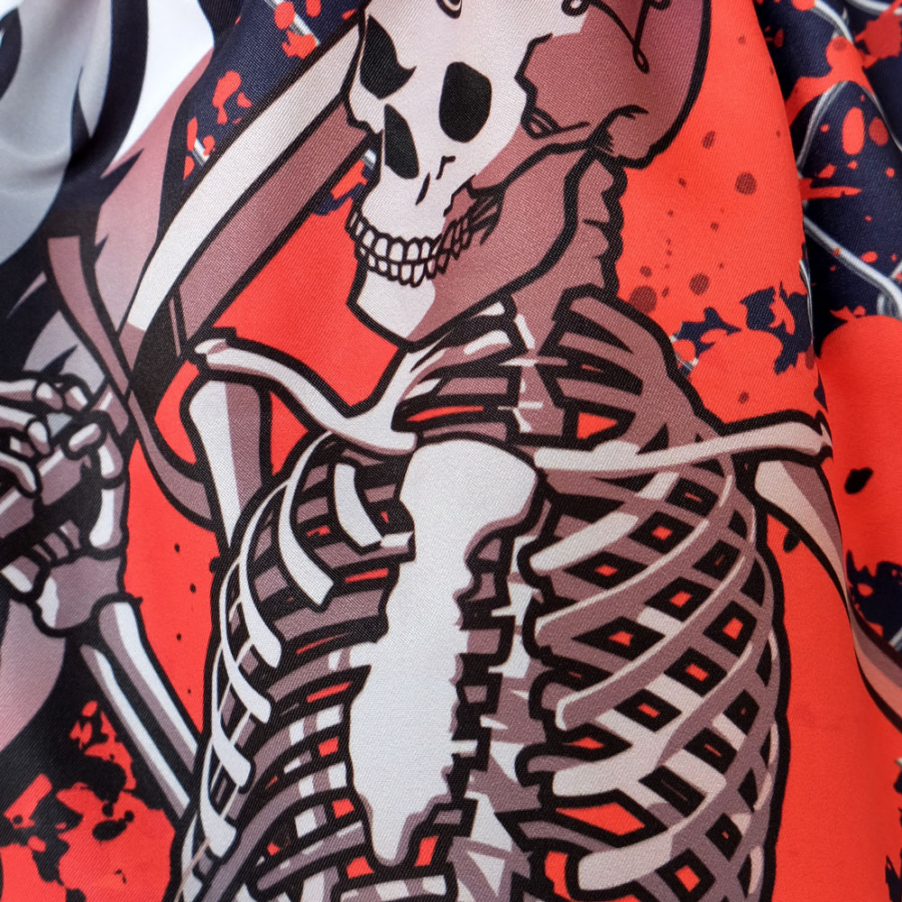 Close-up of devil skull artwork inspired by heavy metal on TUFF Muay Thai Shorts