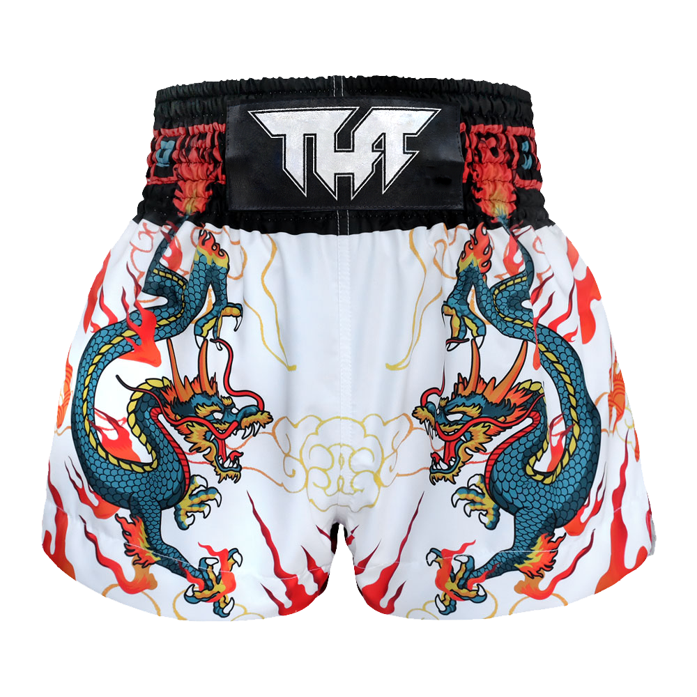 TUFF - Shorts - White with Blue Chinese Dragon Thai Boxing Shorts