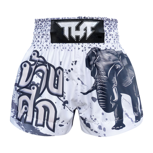TUFF White War Elephant Muay Thai Shorts – retro Thai boxing shorts with wide-leg cut and war elephant design, handmade in Thailand