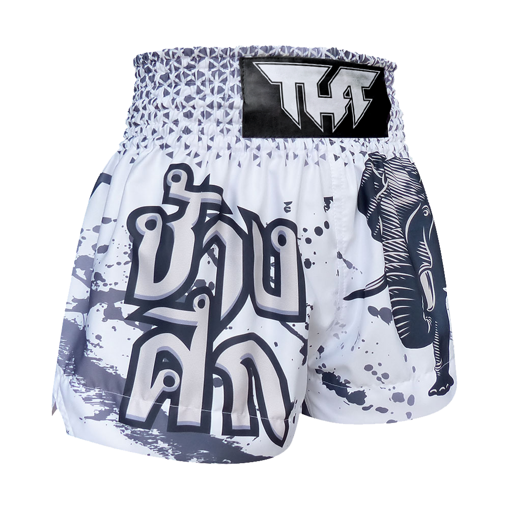 TUFF White War Elephant Muay Thai Shorts – retro Thai boxing shorts with wide-leg cut and war elephant design, handmade in Thailand