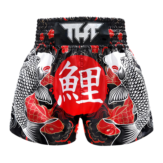 TUFF Black Japanese Koi Fish Muay Thai Shorts – retro Thai boxing shorts with koi fish and rising sun design, handmade in Thailand