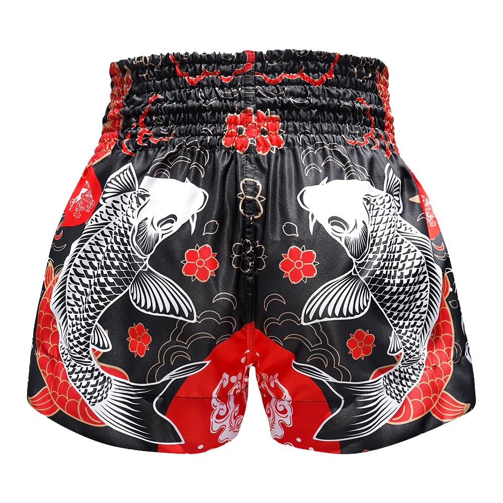 Back view of TUFF Black Japanese Koi Fish Muay Thai Shorts – wide-leg fit and waistband detail