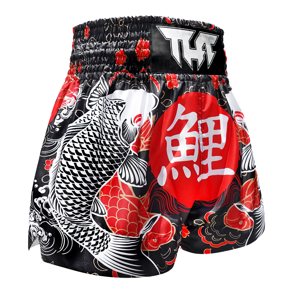 Close-up of koi fish and rising sun design on TUFF Muay Thai Shorts – Japanese-inspired artwork