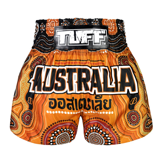 TUFF 'AUSTRALIA' Muay Thai Shorts – front view with Australian flag design and retro cut