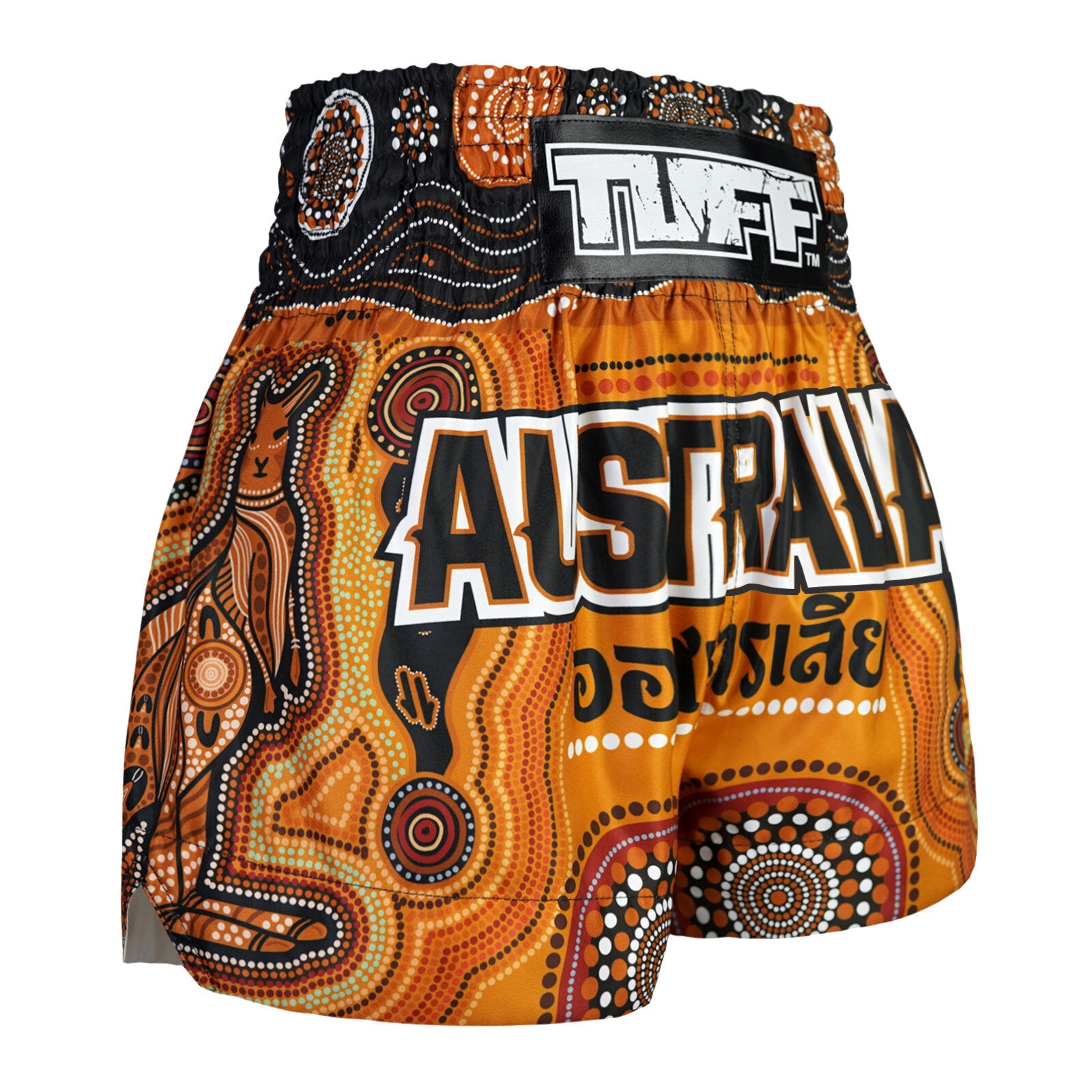 Side view of TUFF 'AUSTRALIA' Thai Boxing Shorts – showcasing leg slits and bold Aussie graphics