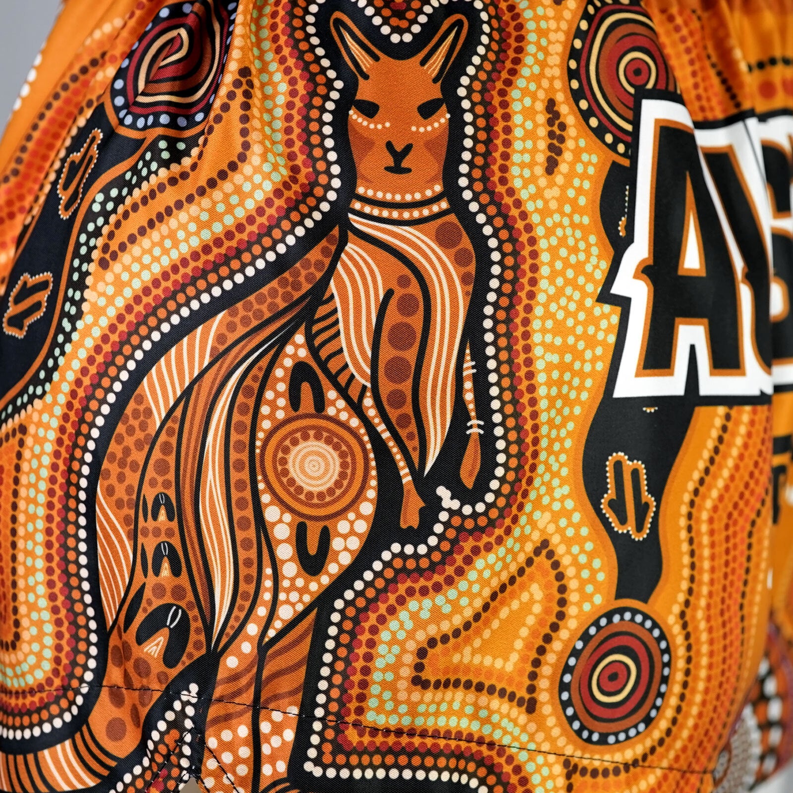 Close-up of Australian-themed artwork on TUFF Muay Thai Shorts – flag and text detail