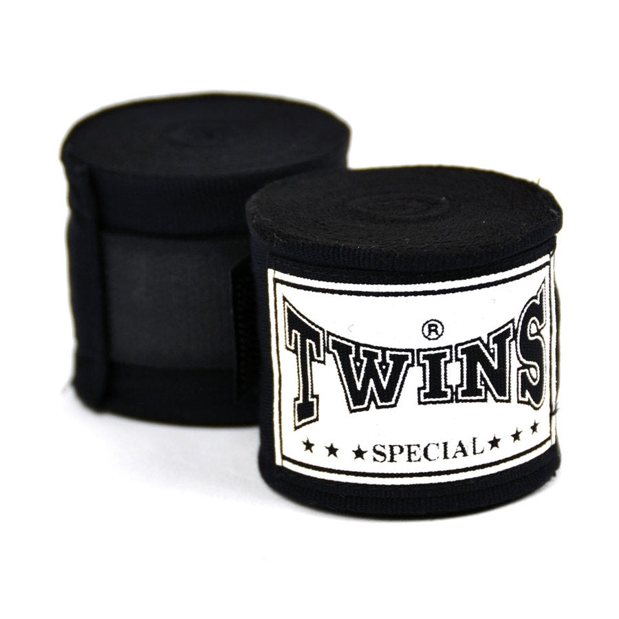 Twins Special Hand Wraps – black cotton wraps for wrist and knuckle support in Muay Thai and boxing.