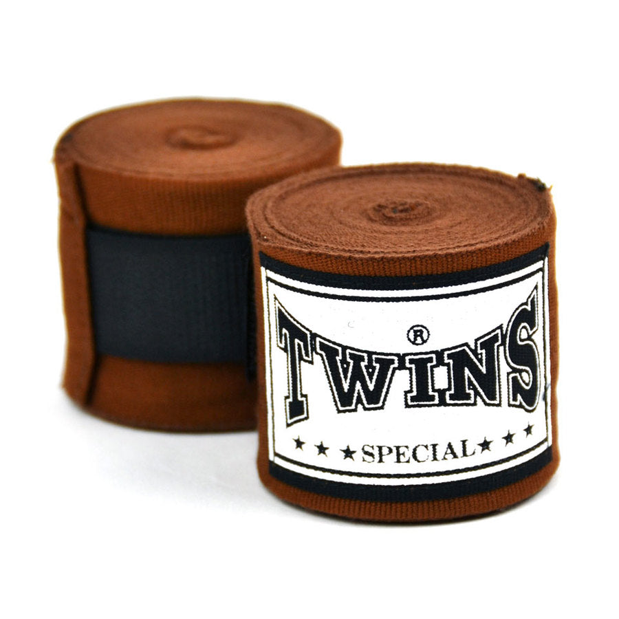 Twins Special Hand Wraps – brown cotton wraps for wrist and knuckle support in Muay Thai and boxing.