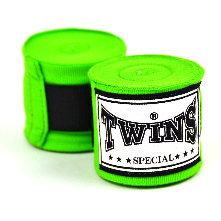 Twins Special Hand Wraps – green cotton wraps for wrist and knuckle support in Muay Thai and boxing.