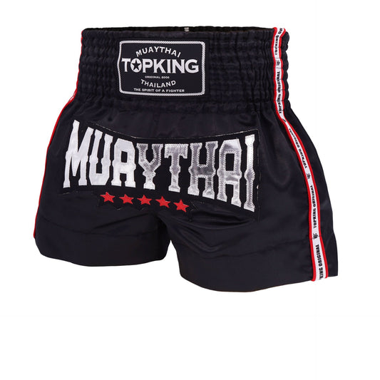 Top King Thai Boxing Shorts 217 – Muay Thai fight shorts in black with red trim Front view
