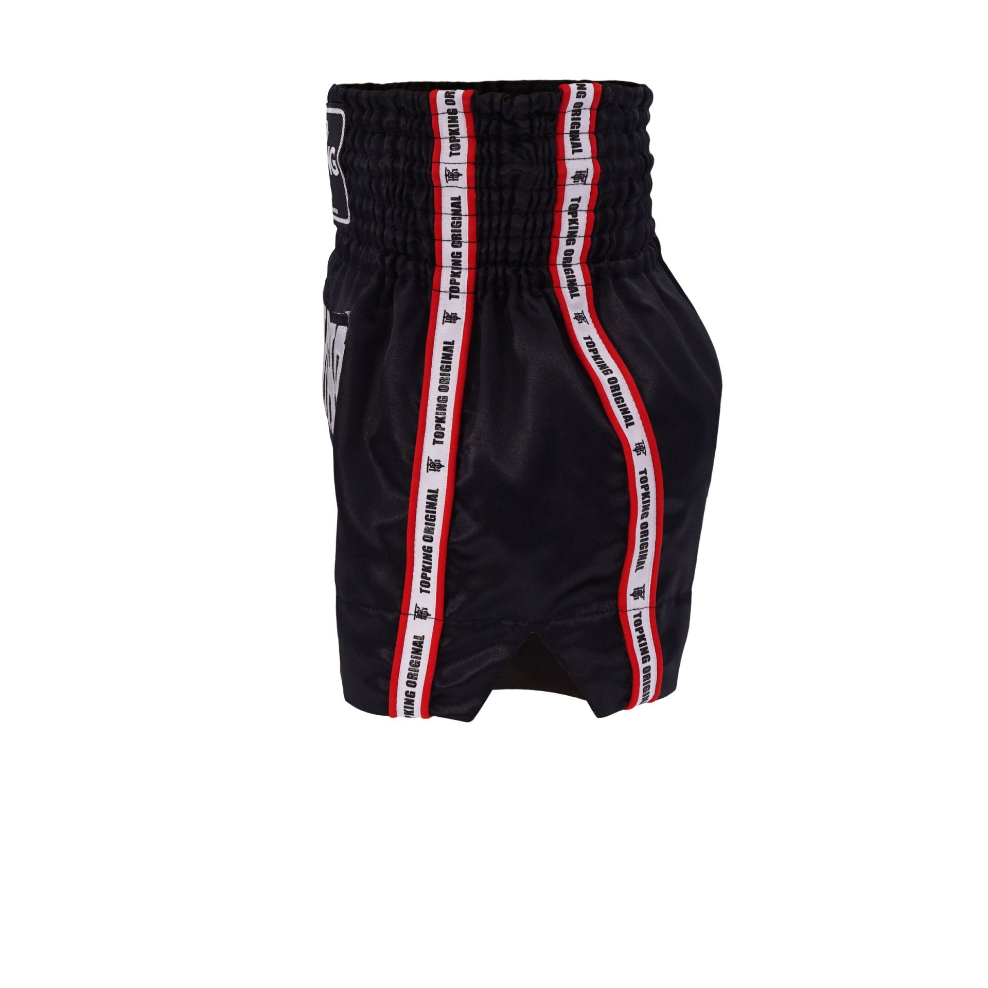 Top King Thai Boxing Shorts 217 – Muay Thai fight shorts in black with red trim Side view