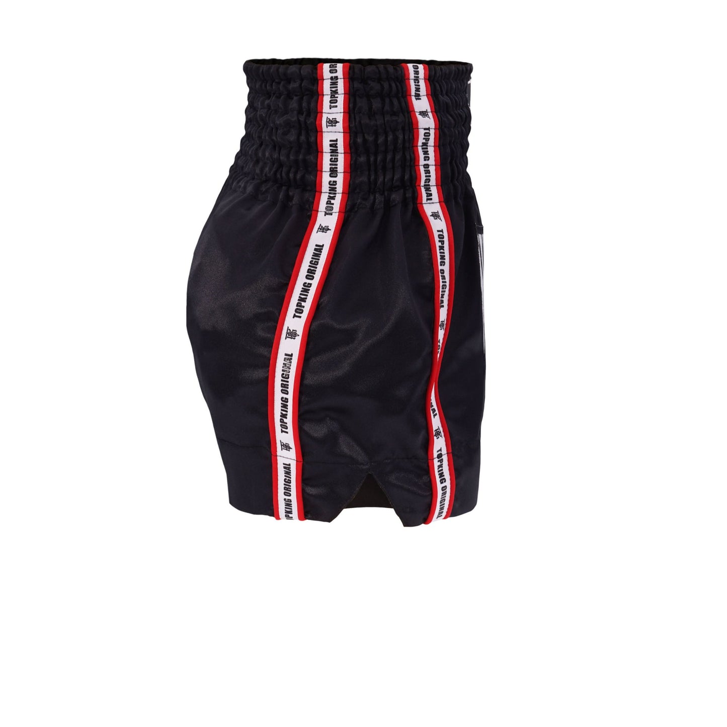 Top King Thai Boxing Shorts 217 – Muay Thai fight shorts in black with red trim side view 2