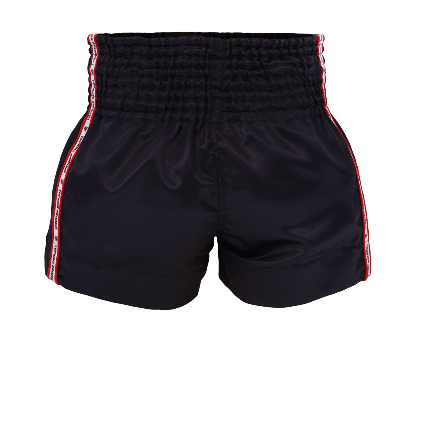 Top King Thai Boxing Shorts 217 – Muay Thai fight shorts in black with red trim back view