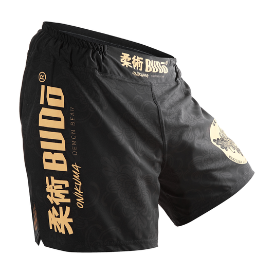 Onikuma 5" Ultra Light Grappling Shorts – front view with demon bear design and black background