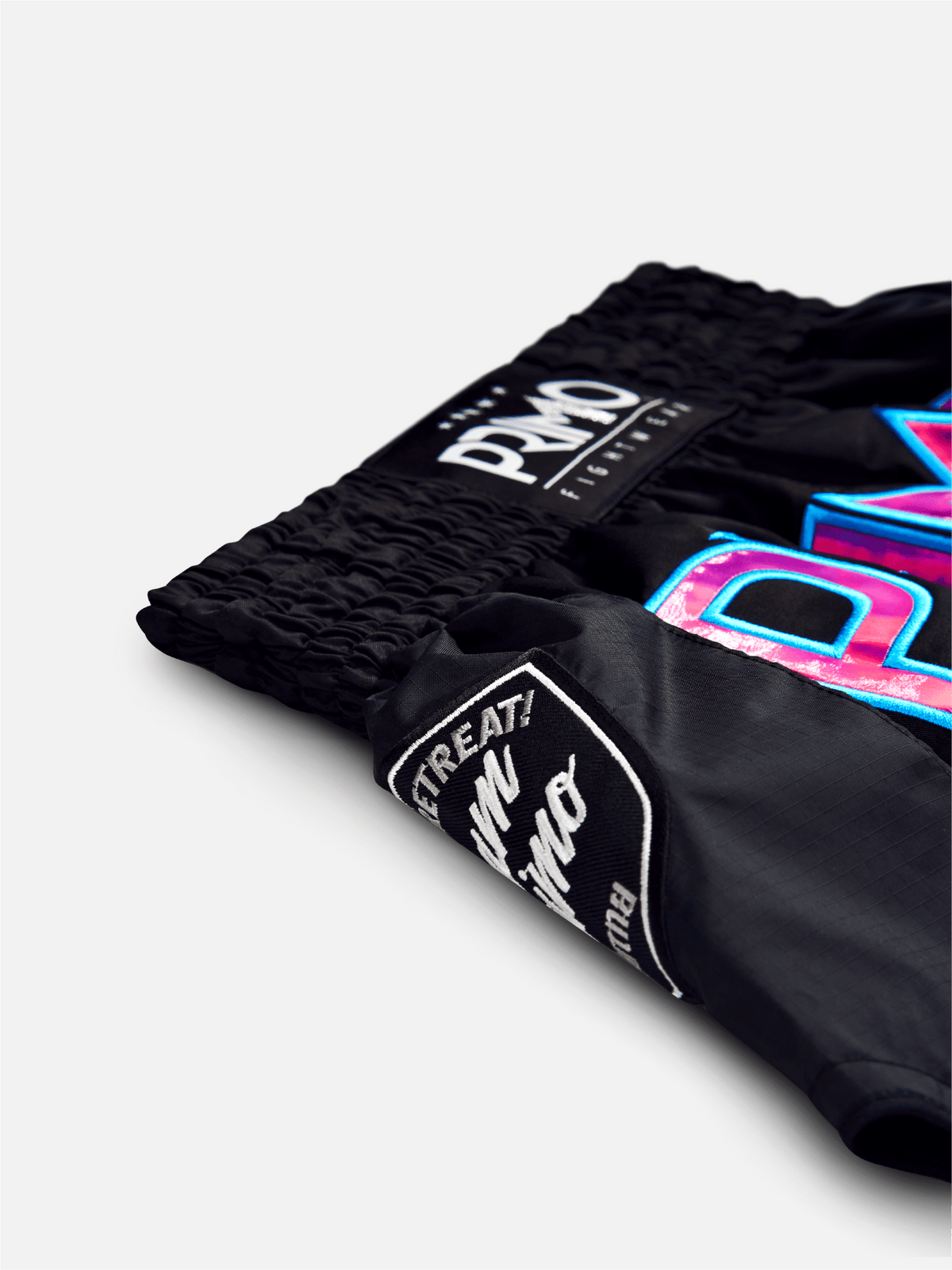 Primo Vice City Hologram Muay Thai shorts detail – Cabra Fight Store