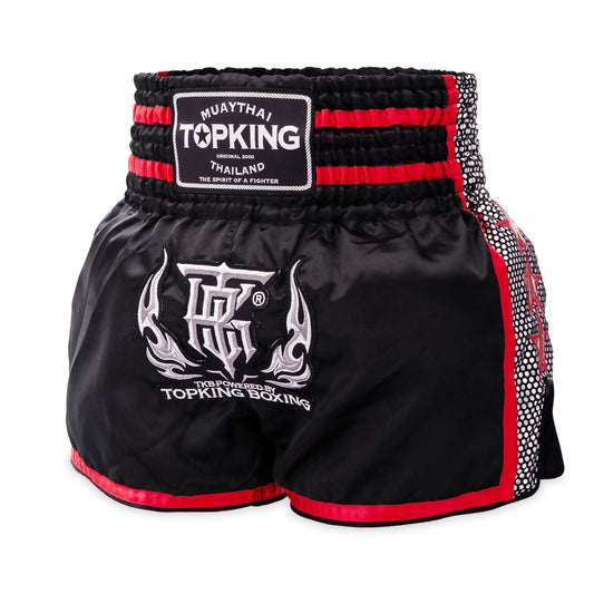 Top King Thai Boxing Shorts Red 239 – Authentic Muay Thai fight shorts in red/black - Front