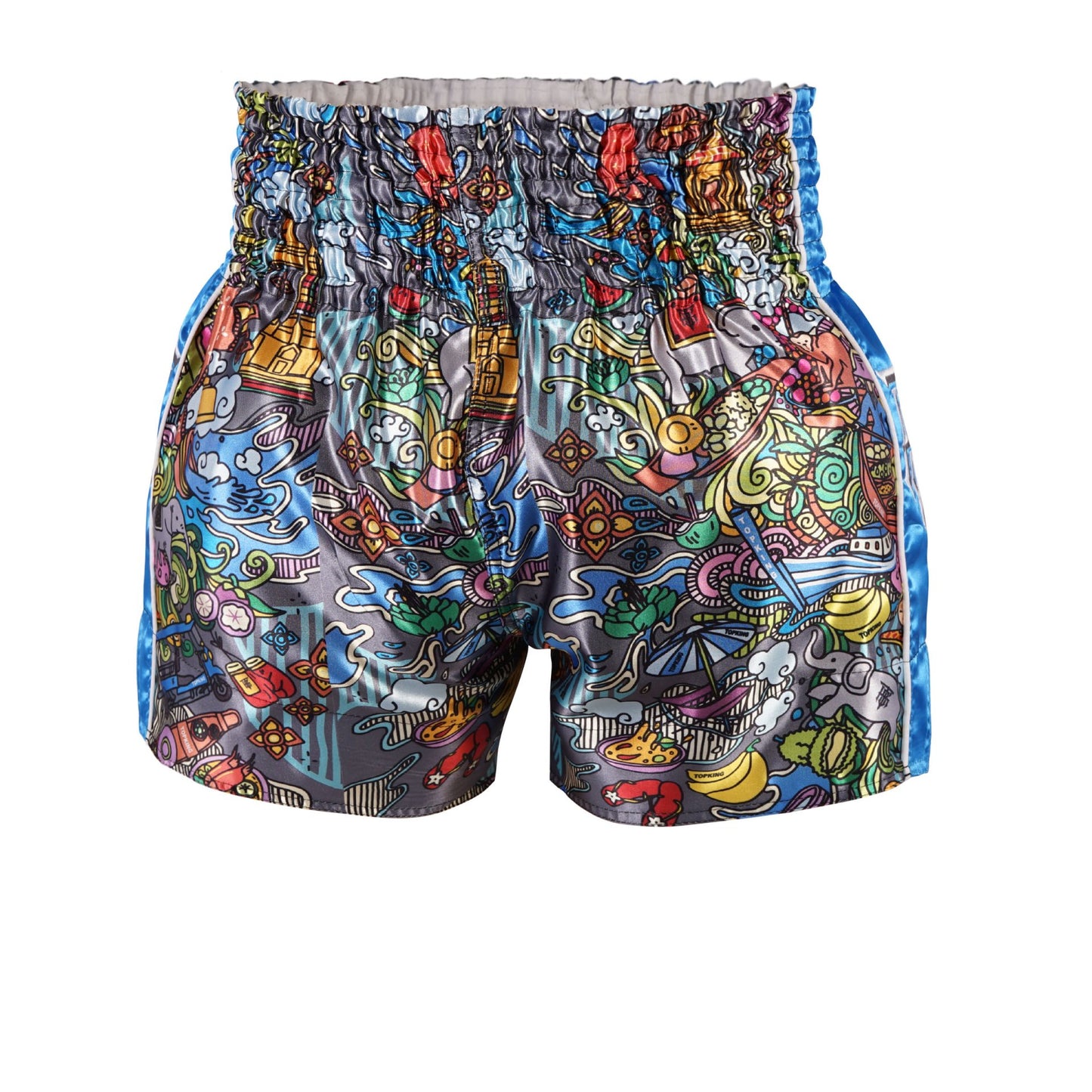 Top King Thai Boxing Shorts Sky Blue 225 – Authentic Muay Thai fight shorts in sky blue in Thai Culture design - Back