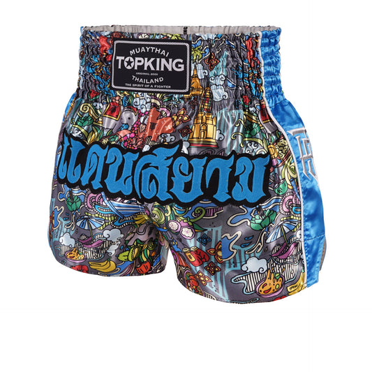 Top King Thai Boxing Shorts Sky Blue 225 – Authentic Muay Thai fight shorts in sky blue in Thai Culture design - Front