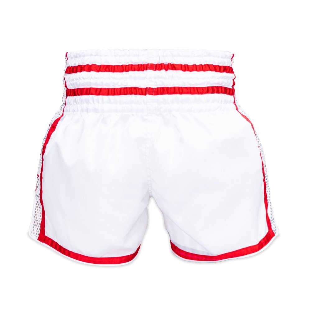 Top King White Thai Boxing Shorts 239 – Authentic Muay Thai fight shorts in white and red design - back