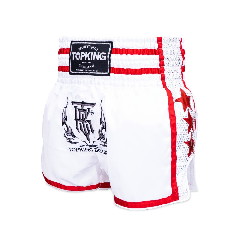 op King White Thai Boxing Shorts 239 – Authentic Muay Thai fight shorts in white and red design - front