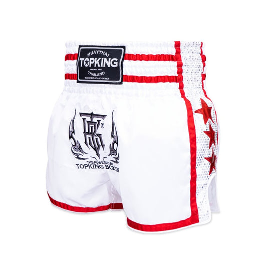 op King White Thai Boxing Shorts 239 – Authentic Muay Thai fight shorts in white and red design - front