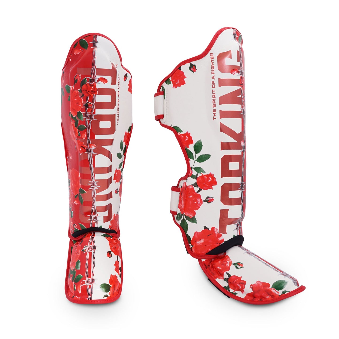 TOPKING White Rose Muay Thai shin guards front view with white and rose gold finish