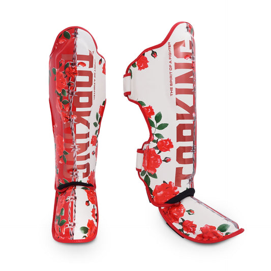 TOPKING White Rose Muay Thai shin guards front view with white and rose gold finish