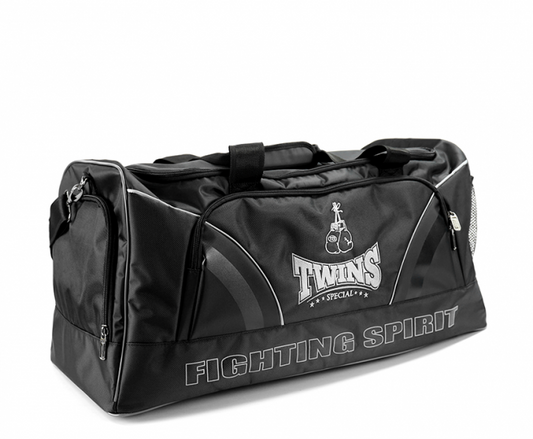 Twins BAG2 Gym Bag – black gear bag with zippered compartments and Twins branding for Muay Thai and boxing.