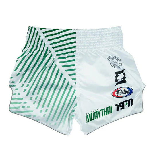 Fairtex Racer white Muay Thai shorts front view – Sydney