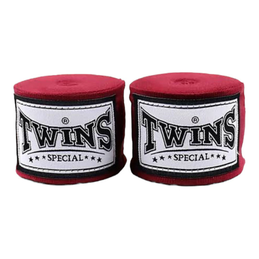 Twins Special Hand Wraps – maroon cotton wraps for wrist and knuckle support in Muay Thai and boxing.