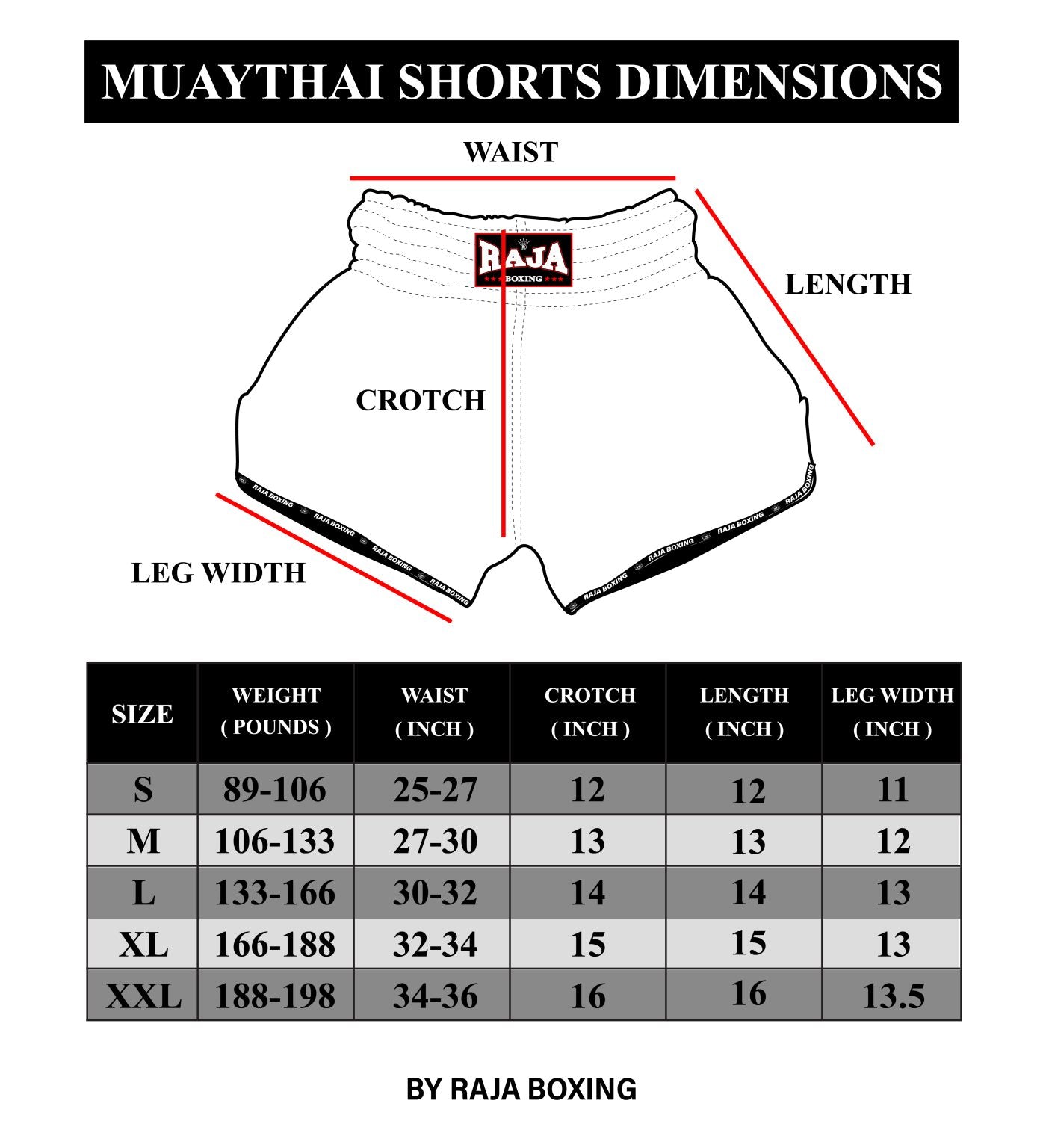 Muay thai short taja boxing sizing chart