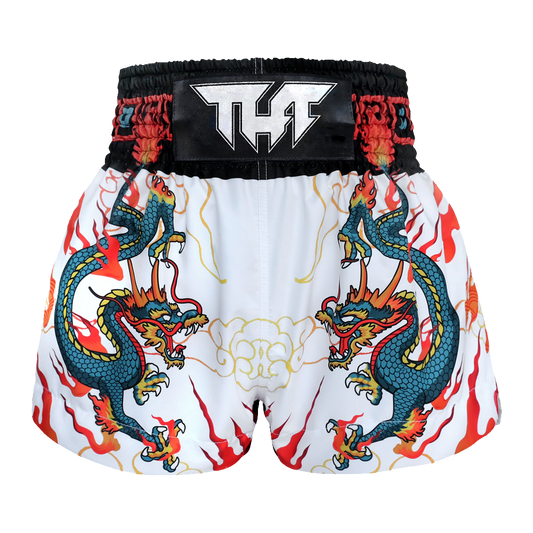 TUFF - Shorts - White with Blue Chinese Dragon Thai Boxing Shorts