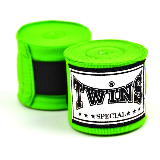 Twins Special Hand Wraps – green cotton wraps for wrist and knuckle support in Muay Thai and boxing.