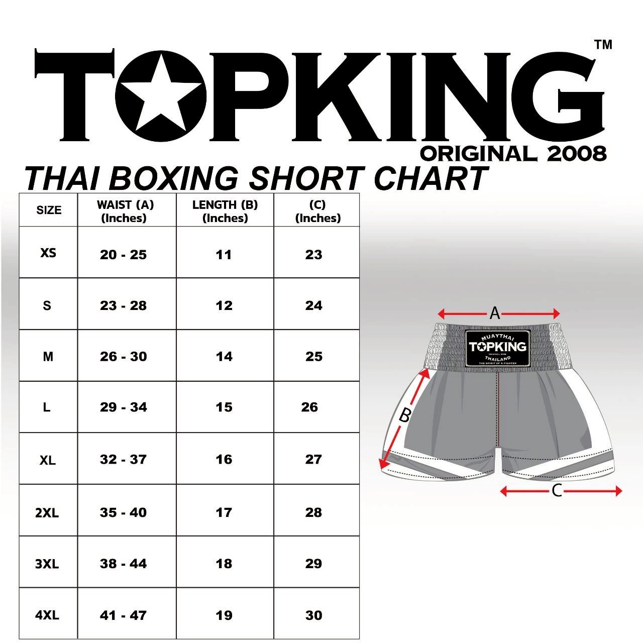 Top King Official sizing chart - Muay Thai shorts