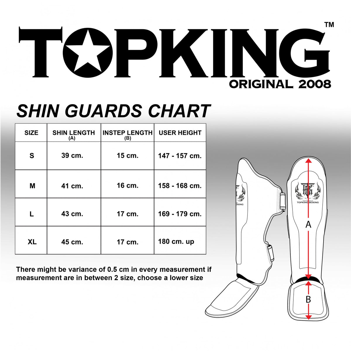 Top King Shin Guards Sizing Chart – size guide showing shin length and recommended weight ranges for Muay Thai and kickboxing gear