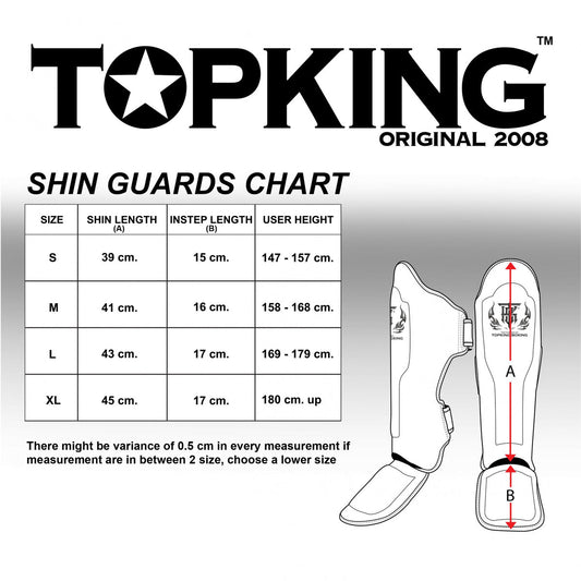 Top King Shin Guards Sizing Chart – size guide showing shin length and recommended weight ranges for Muay Thai and kickboxing gear