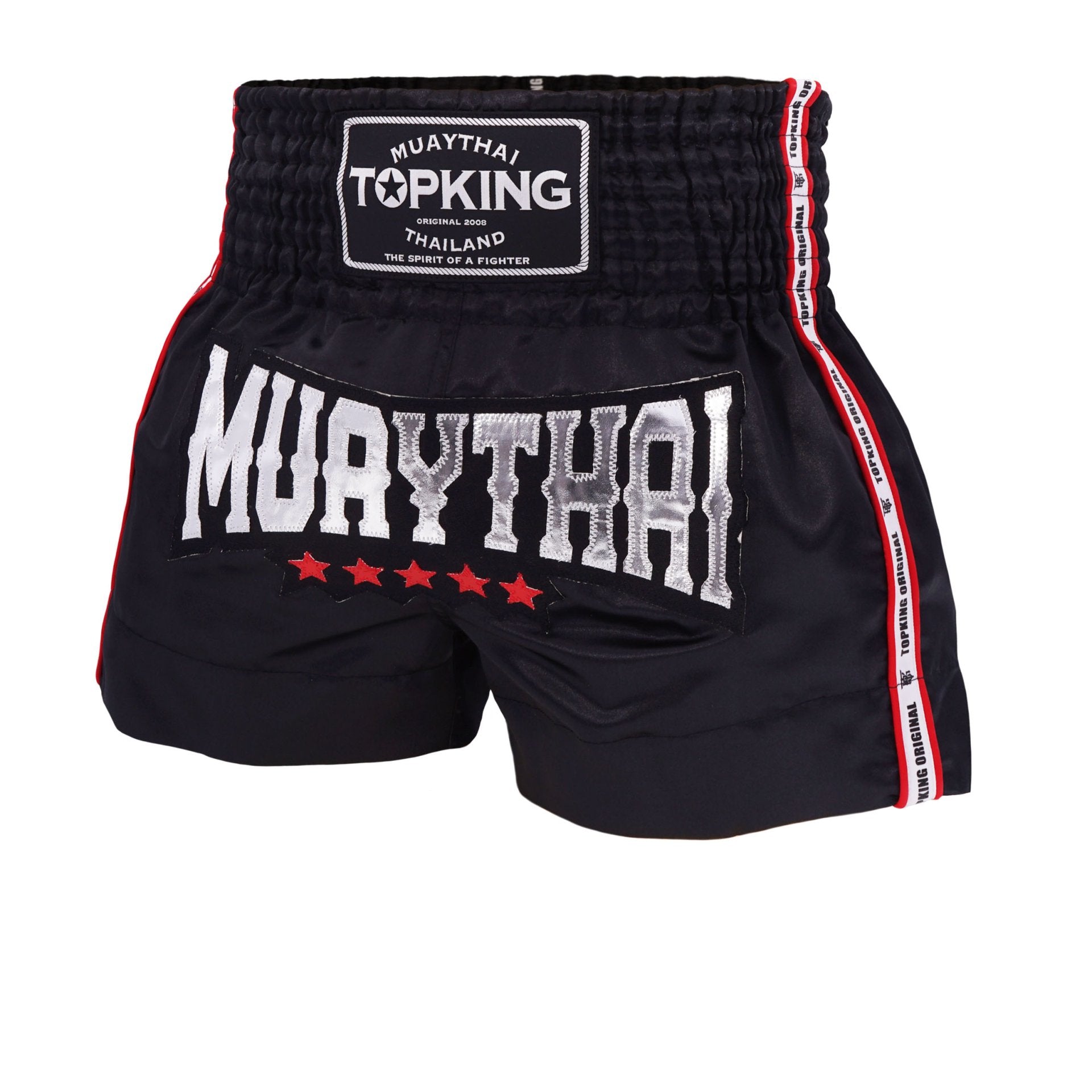 Top King Thai Boxing Shorts 217 – Muay Thai fight shorts in black with red trim Front view