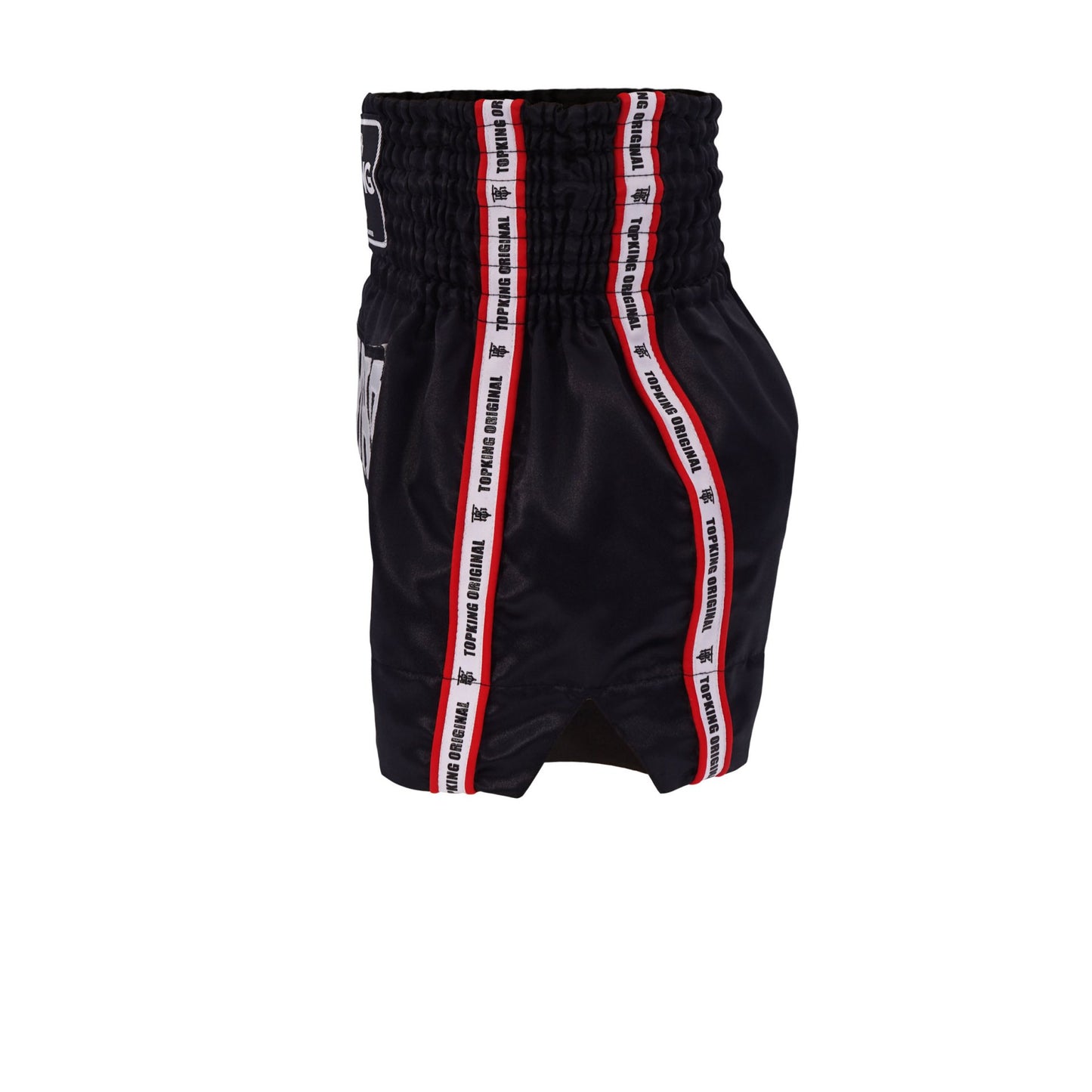 Top King Thai Boxing Shorts 217 – Muay Thai fight shorts in black with red trim Side view