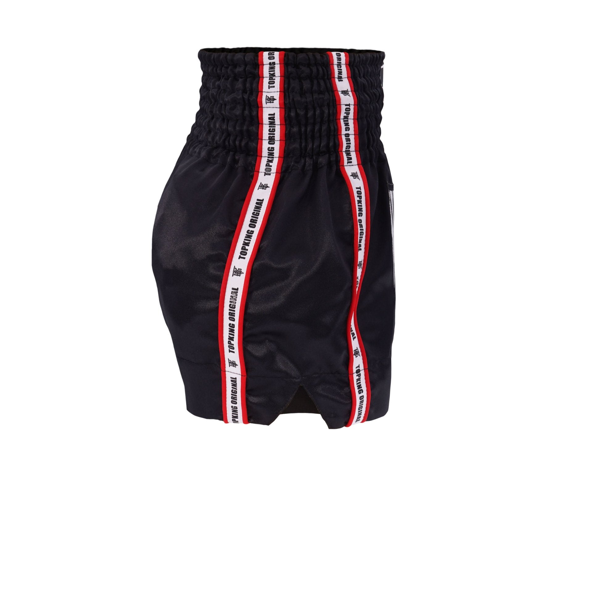 Top King Thai Boxing Shorts 217 – Muay Thai fight shorts in black with red trim side view 2